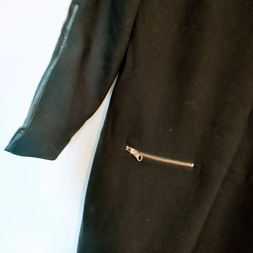 J Crew shift black dress with gold zipper detailing. Size 8, leather elbow patch